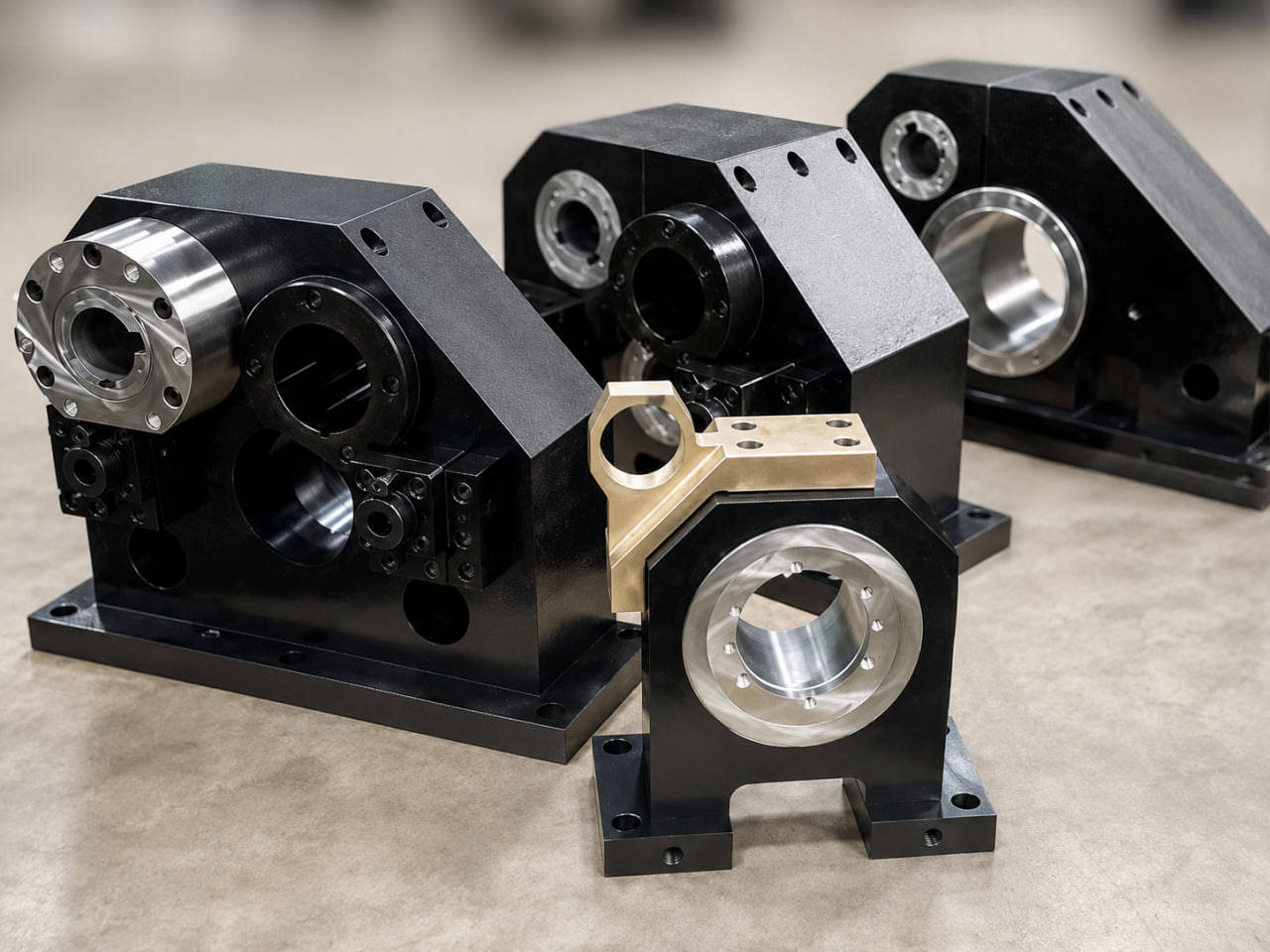 Completed black and steel precision assemblies